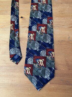 STRUCTURE Men's tie Silk Hand made in USA Blue Gray Red Bicyclists Sports Bike